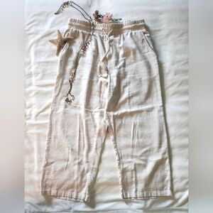 IYLA Natural Unbleached Linen Ankle Pants, Side Pockets, Drawstring